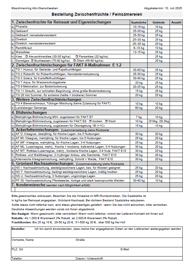 Bestellformular Zwischenfrüchte 2025