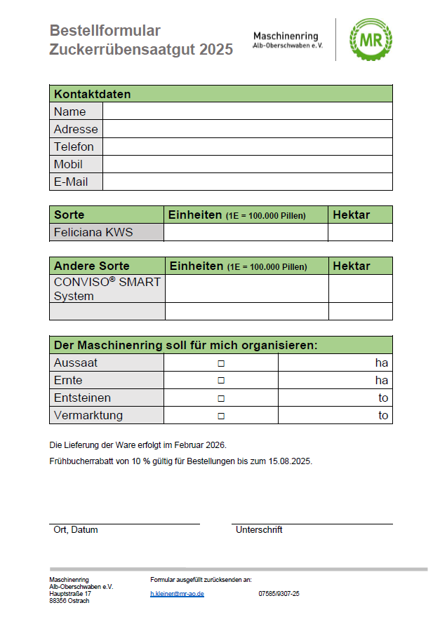 Bestellformular Zuckerrübensaatgut 2025